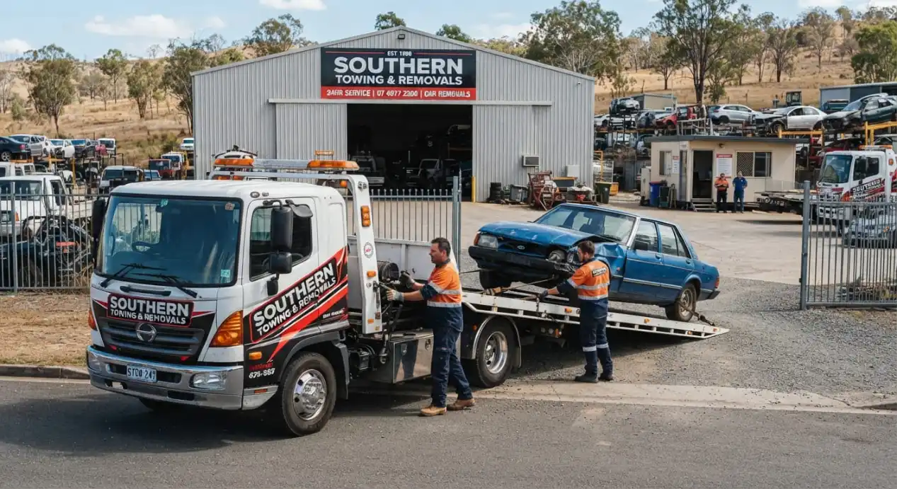 Two professional car removal towing operators securely strapping down a damaged blue vehicle onto a flatbed tow truck to prepare for transport.