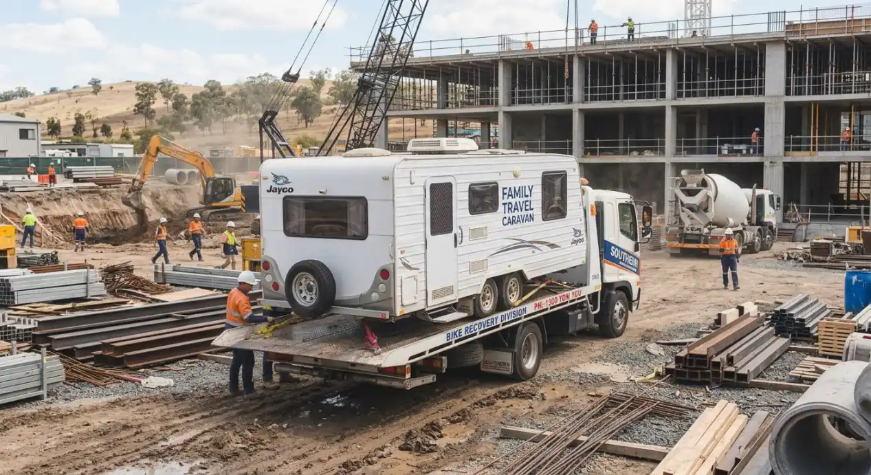 A professional flatbed tow truck transporting a large white dual-axle Jayco caravan through a muddy commercial construction site.