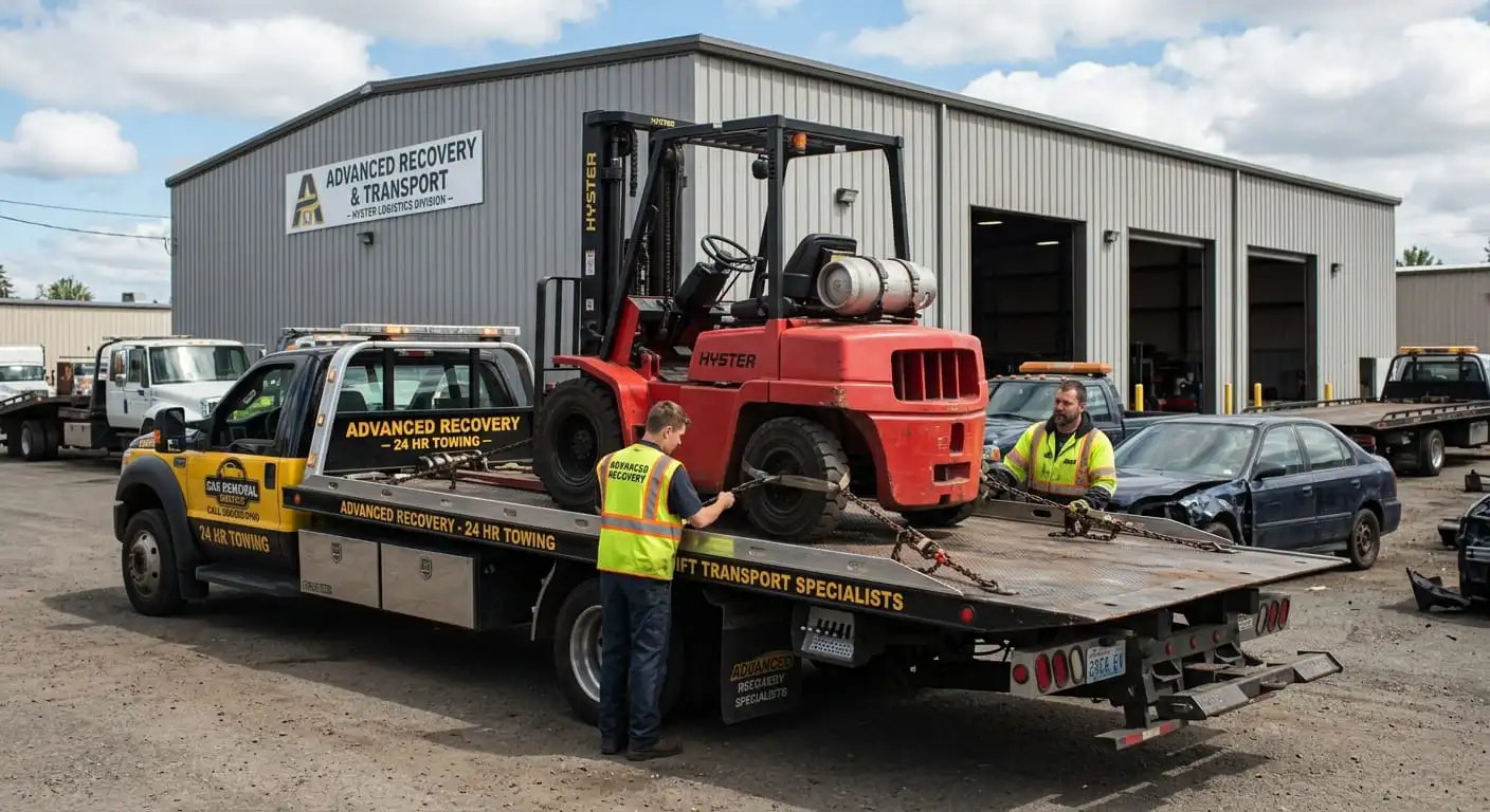 Two professional operators wearing high-visibility vests use heavy-duty chains to secure a red Hyster forklift onto an Advanced Recovery & Transport flatbed truck outside an industrial workshop building.