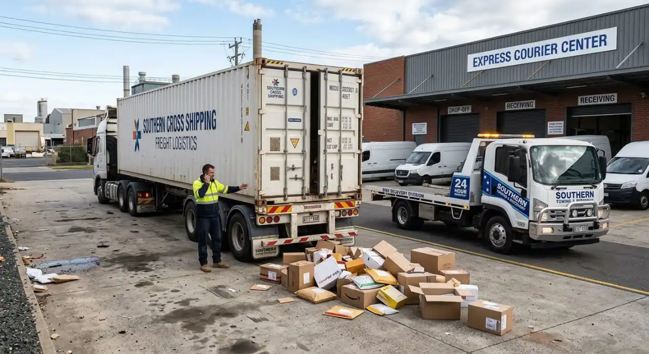 A Southern Towing & Recovery truck parked next to a Southern Cross Shipping freight container truck outside an Express Courier Center cargo loading dock with loose packages on the ground.