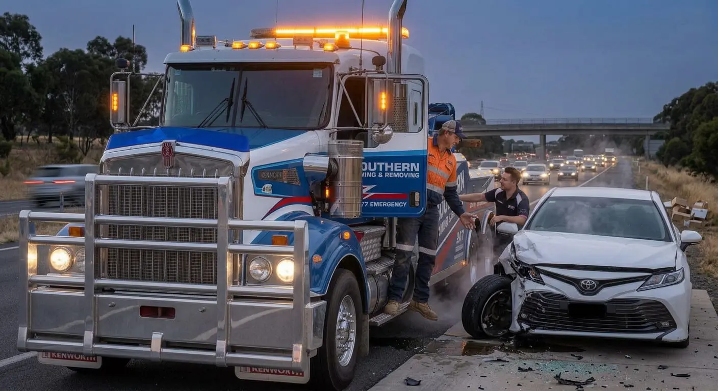 A Southern Towing & Removing Kenworth truck arriving at a highway roadside accident to assist a white Toyota sedan with severe front-end damage.