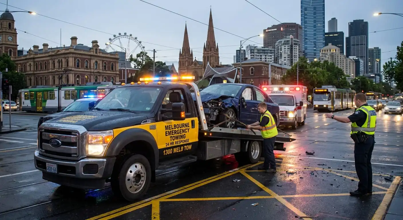 A Melbourne Emergency Towing flatbed truck recovering a heavily damaged blue car on a wet highway during a storm while a police officer directs traffic near the Melbourne CBD City Link exit.