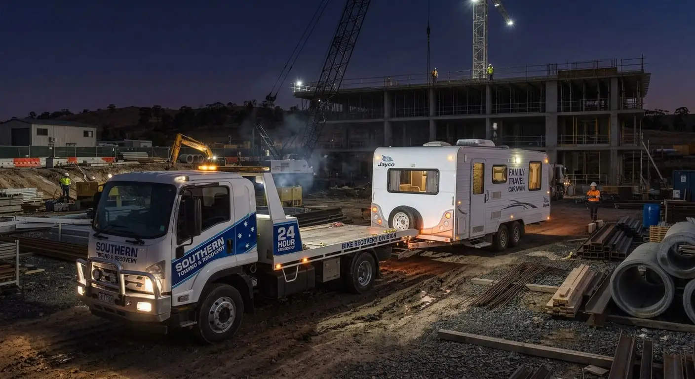 A Southern Towing & Recovery flatbed truck towing a white Jayco Family Travel Caravan at night from a busy construction site with active cranes and safety lighting.
