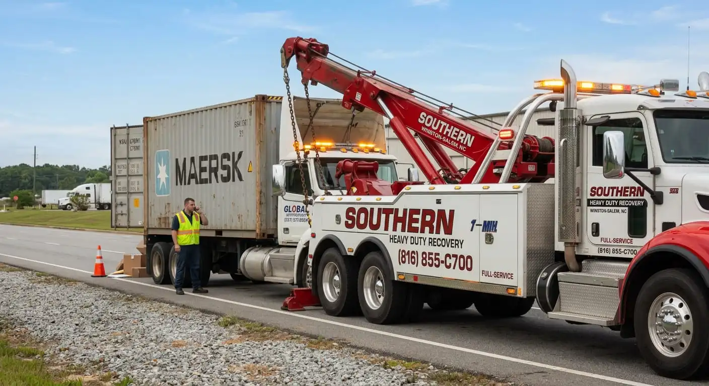 A Southern Heavy Duty Recovery truck using a red crane boom to lift and recover a semi-truck carrying a large Maersk shipping container on the side of a highway.