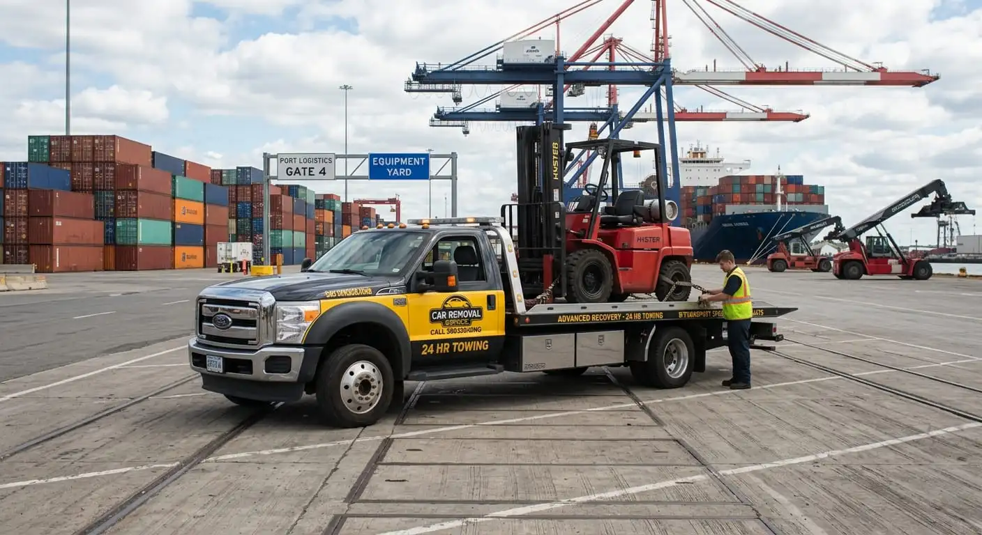 A 24-hour car removal and towing flatbed truck carrying a red Hyster forklift at a busy commercial shipping port terminal with shipping containers and cranes.