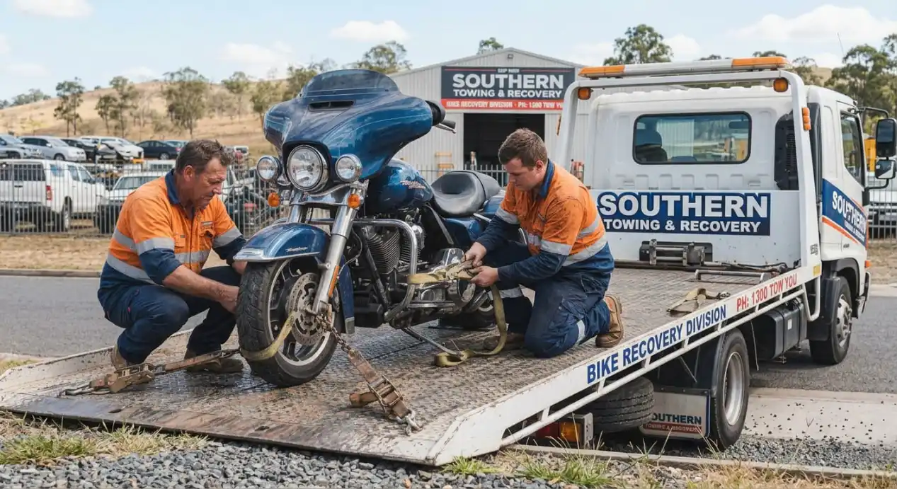 Two professional towing operators carefully adjusting ratchet straps to secure a blue Harley-Davidson motorcycle onto a flatbed tow truck.