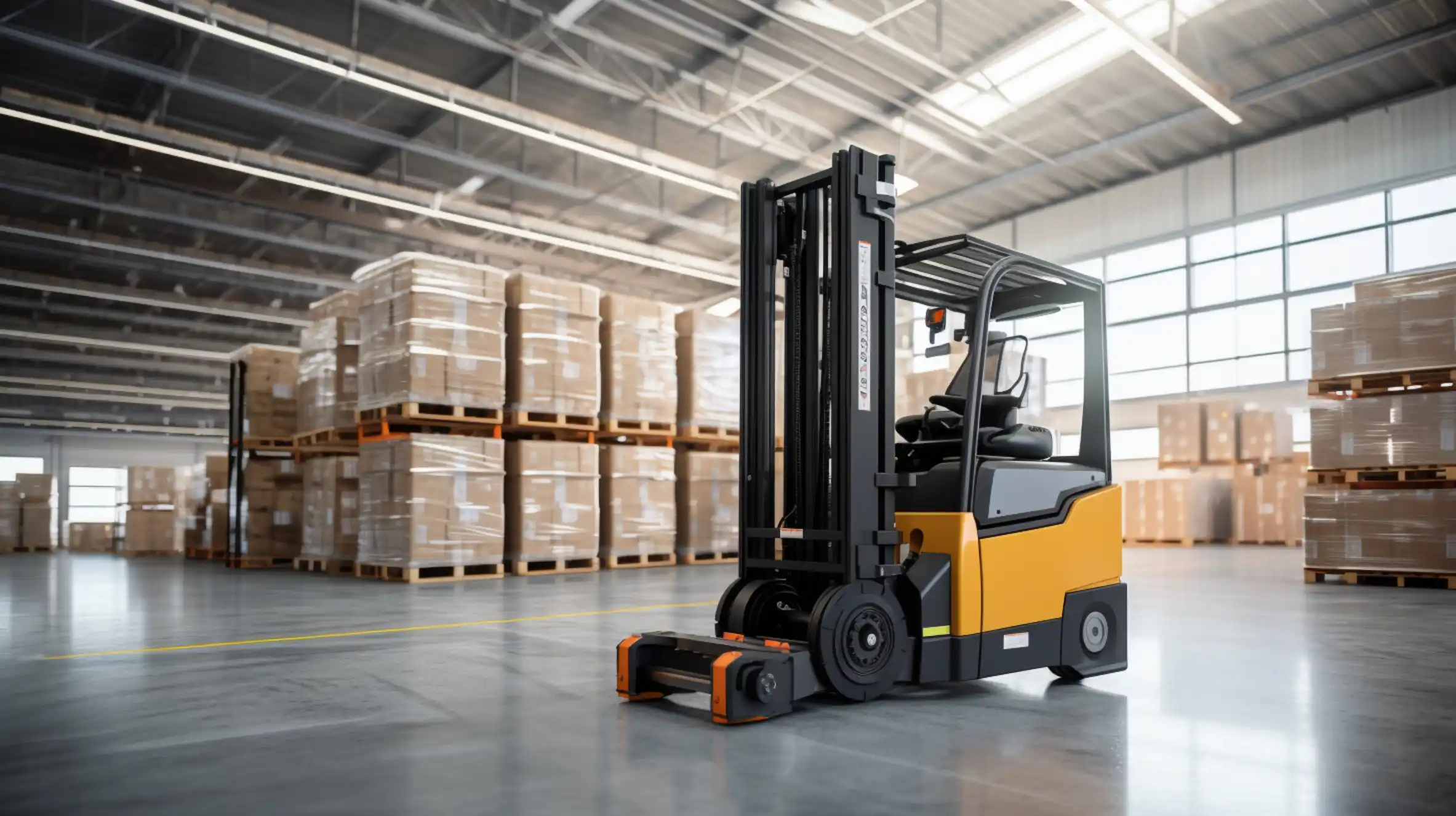 Warehouse forklift among pallet racking, ready for pickup by Southern Towing’s 24/7 forklift transport service