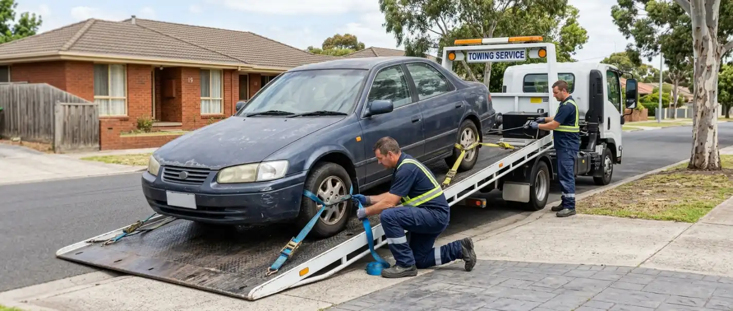 Car Removal and Towing Process Tow truck operator securing a non-running car for transport